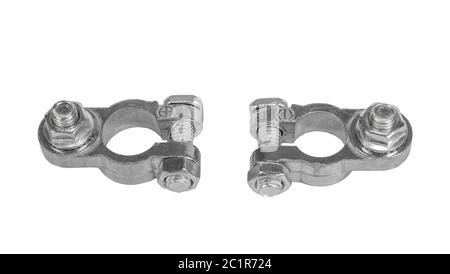 Deux aspects positifs et négatifs metal terminal connecteur de batterie du véhicule isolé sur fond blanc Banque D'Images
