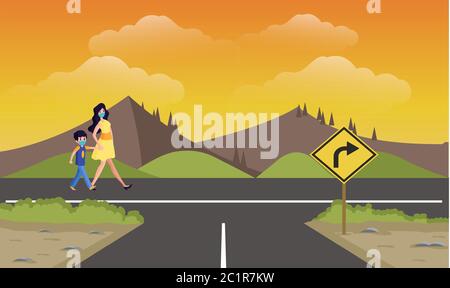fille marchant sur la route avec sa mère Illustration de Vecteur