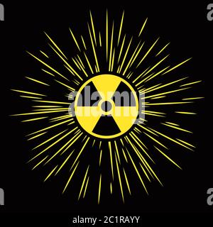 Symbole de rayonnement ionisant avec des rayons radioactifs. Jaune sur fond noir. Illustration de Vecteur