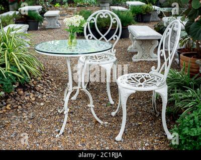 Table en fer forgé blanc avec fleur blanche dans vase sur verre et chaise de style vintage dans le jardin. Banque D'Images