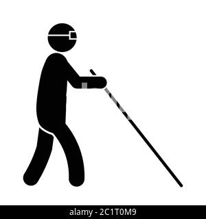 Figurine Blind Man Stick Walking avec une canne blanche et des lunettes. Illustration noire isolée sur un fond blanc. Vecteur EPS Illustration de Vecteur