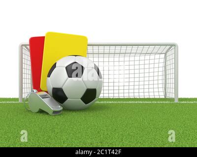 Concept de football. De mort (rouge et jaune), carte metal sifflet et le soccer (football) balle et gate, 3D isolés Banque D'Images