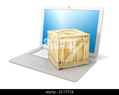 Ordinateur portable avec boîte en bois. Concept de commande en ligne de produits. Vue de côté. 3D Banque D'Images