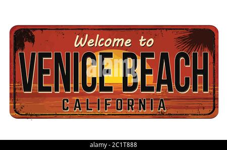 Bienvenue à Venice Beach vintage panneau en métal rouillé sur fond blanc, illustration vectorielle Illustration de Vecteur