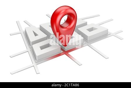 Pointeur de carte rouge sur avion de ville 3D concept navigation Banque D'Images