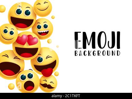 Modèle de vecteur d'arrière-plan émotiji smiley. Texte d'arrière-plan emoji en blanc espace vide pour les messages avec émoticone smiley heureux, méchant et surprise. Illustration de Vecteur