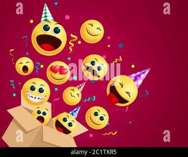 Smiley emoji anniversaire surprise concept de vecteur. Émotiji smiley dans boîte surprise fête d'anniversaire avec chapeau de fête et élément confetti pour invitation d'enfants. Illustration de Vecteur