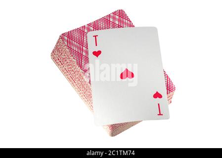 Jouer à la carte ACE sur un jeu de cartes inversé. Isolé sur fond blanc Banque D'Images