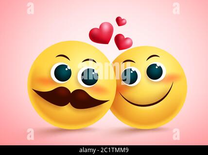 Smiley emoji couple dans le dessin vectoriel d'amour. Jaune mignon emojis amants caractère avec le visage et coeur de rougir élément pour les valentines et la relation. Illustration de Vecteur