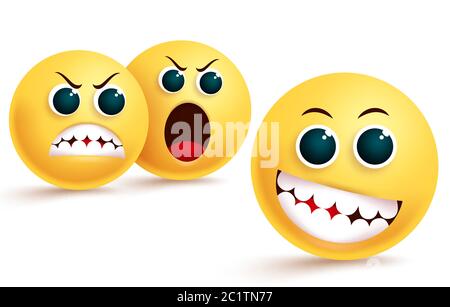 Motif vecteur d'envie et de confiance emoji. Émoticône smiley dans l'expression faciale stupide et taquinante avec des émoticônes en colère, détestant et criant derrière. Illustration de Vecteur