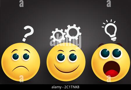 Emoji résolution de problèmes conception de vecteur d'équipe. Smiley emoji jaune face groupe dans le brainstorming idées de pensée dans les expressions faciales triste, heureux et surprise. Illustration de Vecteur
