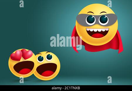 Smiley emoji super héros vecteur conception. Fiction héros emoji brave personnage volant avec masque et capuchon rouge avec surprise et Amaze emojis . Illustration de Vecteur