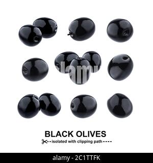 Olives noires isolé sur fond blanc avec chemin de détourage. Collection Banque D'Images