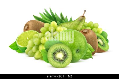 Fruits verts et baies isolées sur fond blanc Banque D'Images