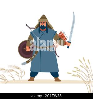 Personnage guerrier mongol. Illustration médiévale de la bataille. Illustration historique. Illustration plane à vecteur isolé. Illustration de Vecteur