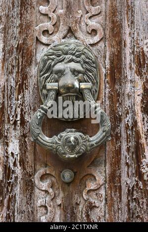 Détail des portes en bois détériorées avec boutons de porte Leon Banque D'Images