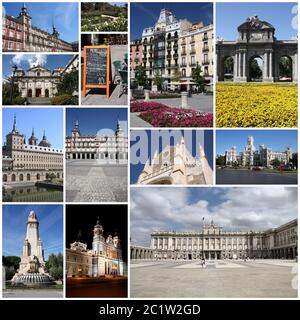 Madrid, Espagne photos de voyage collage. Le collage comprend des sites importants comme la Plaza Mayor, la place Cibeles, la cathédrale et le parc Retiro. Banque D'Images