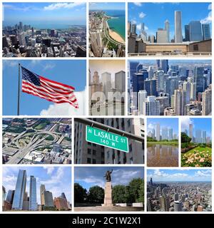 Collage de photos de Chicago, États-Unis. Le collage inclut des sites importants comme la ville, le Loop et la Gold Coast du lac Michigan. Banque D'Images