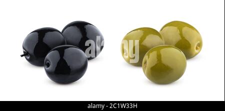 Trois olives vertes et noires isolées sur fond blanc avec un masque Banque D'Images
