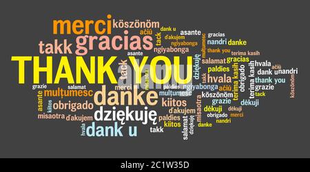 Message de remerciement signe. Merci International inscription en plusieurs langues, notamment en anglais, français, allemand, néerlandais et polonais. Banque D'Images