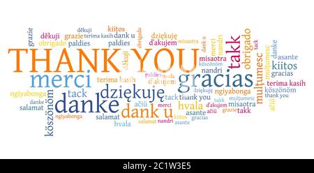 Merci mots graphiques. Merci International inscription en plusieurs langues, notamment en anglais, français, allemand, néerlandais et polonais. Banque D'Images