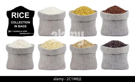 Le riz isolé sur fond blanc. Collection de différents types de riz en sacs. Banque D'Images