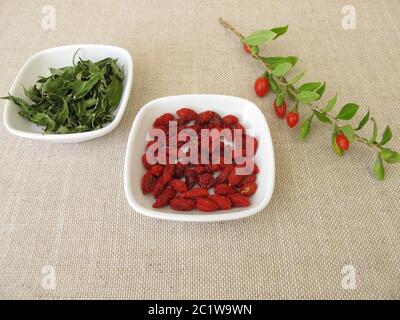 Baies de goji séchées et feuilles de goji séchées Banque D'Images