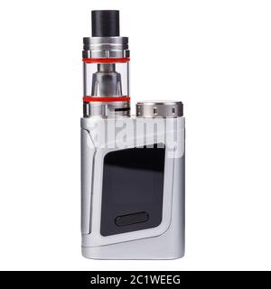 Dispositif de vaping, cigarette électronique, Vape sans nicotine isolée sur fond blanc. Réservoir mod. De boîte à vapeur avec liquide de vapotage. Banque D'Images