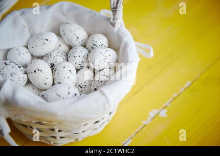 Oeufs de caille en blanc panier en osier. Le concept de vacances de Pâques Banque D'Images