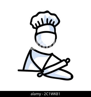 Adorable bâton figure chef boulanger faire des biscuits icône de linéart. Pictogramme de préparation du dîner. Communication de l'illustration de la cuisine du restaurant. Cuisine avec Illustration de Vecteur