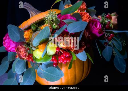 Bouquet de fleurs dans une citrouille comme dans un vase sur fond noir Banque D'Images