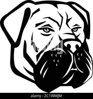 Mascotte noire et blanche illustration de la tête de Bullmastiff, une grande race de chien domestique, avec des caractéristiques de chiens molosser sur bac isolé Illustration de Vecteur