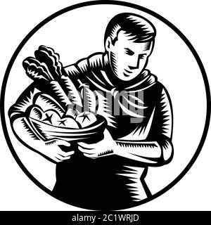 Illustration noire et blanche d'un fermier biologique avec un panier rempli de produits de la ferme comme des fruits et des légumes fait dans le style rétro de coupe de bois. Illustration de Vecteur