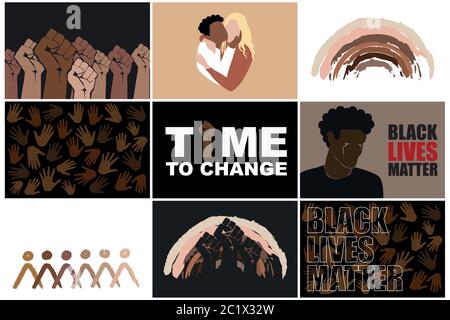 Les vies noires sont un jeu d'importance. Arrêter le racisme. Protestant les hommes de poing, les personnes multiraciales qui s'embrasent, les mains différentes, les pleurs d'homme, les personnes arc-en-ciel et abstraites diffèrent Illustration de Vecteur