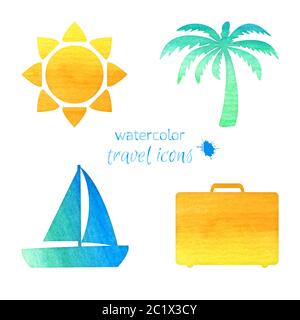 Icônes de voyage aquarelle isolées sur blanc Illustration de Vecteur