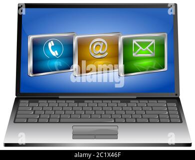 Ordinateur portable avec trois boutons de contact sur le bureau bleu - illustration 3D Banque D'Images