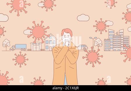 Illustration du contour de la bande dessinée du vecteur de pollution de l'air. Homme dans un masque facial de protection debout dans la ville entouré de cellules coronavirus. Concept d'isolement et de distance sociale. Illustration de Vecteur