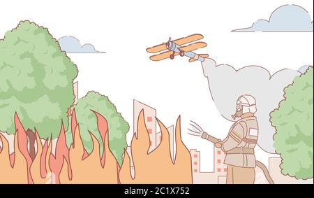 Pompier en uniforme et casque essayant de mettre hors de vecteur de feu extérieur illustration. Un avion coupe-feu éteint le feu de l'air. Pompier extinction d'incendie dans parc urbain dessin animé concept Illustration de Vecteur