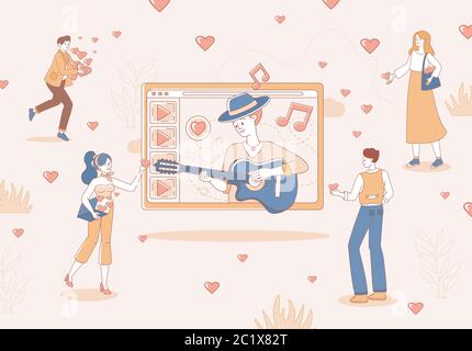 Les gens à l'écoute de concert en ligne spectacle ou répétition et la noter scénario dessin animé illustration de contour. Homme jouant de la musique avec guitare dans un blog audio ou vidéo. Artistes sur écran, diffusion sur Internet. Illustration de Vecteur