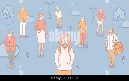 Groupe de personnes malheureuses portant des masques protecteurs pour le visage en raison de la pollution de l'air et debout à l'extérieur dans le parc urbain vecteur dessin animé illustration. Smog urbain, poussières fines, émissions de gaz polluants. Illustration de Vecteur