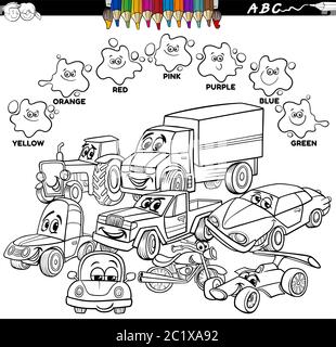 Dessin-modèle éducatif noir et blanc Illustration des couleurs de base avec les personnages de voiture et de transport page de livre de coloriage de groupe Illustration de Vecteur