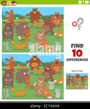 Dessin animé Illustration de trouver des différences entre les images jeu éducatif pour les enfants avec drôle de groupe de caractères d'animal sauvage Illustration de Vecteur