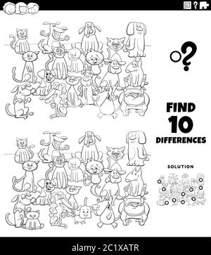 Dessin animé noir et blanc Illustration de trouver des différences entre les images tâche pédagogique pour les enfants avec des chats et des chiens Comic Cats and Dogs Groupe coloriage Book Pa Illustration de Vecteur