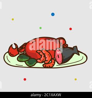 Illustration vectorielle de fruits de mer. Crabe, poisson, palourdes, crevettes. Style dessin animé plat Illustration de Vecteur
