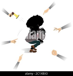 Un homme africain confus et contrarié entouré de mains illustration. Homme africain timide et contrarié entouré par des mains de personnes agressives isolées sur blanc Illustration de Vecteur