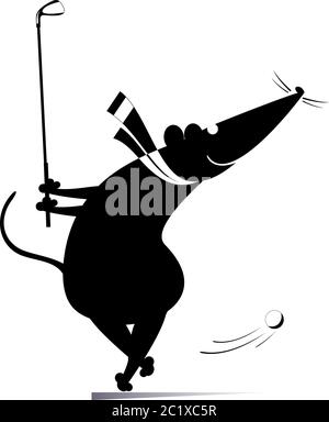 Dessin animé rat ou souris joue l'illustration de golf. Drôles de rat ou de souris essaie de faire un bon coup de pied noir sur blanc Illustration de Vecteur