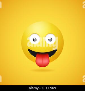 Émoticone souriante et souriante avec langue coincée sur fond jaune dégradé. Vecteur drôle jaune dessin animé icône Emoji. Illustration 3D pour chat ou message Illustration de Vecteur