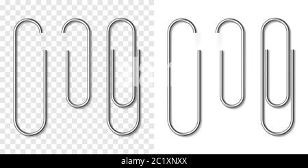 Ensemble vectoriel de papier argenté métallisé et réaliste sur fond blanc et transparent. Trombones en plastique avec ombre molle. Modèle 3D pour votre Desi Illustration de Vecteur