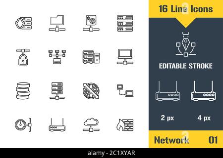 Réseau, icônes du serveur d'hébergement. Icône de ligne mince - Contour de l'illustration vectorielle plate. Pictogramme de contour modifiable. Concept graphique de qualité supérieure pour Illustration de Vecteur