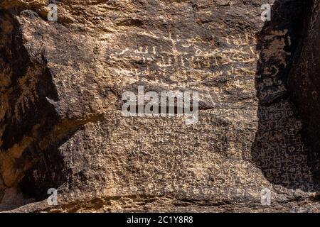 Inscriptions de rochers pré-islamiques dans le désert près de Riyad Banque D'Images